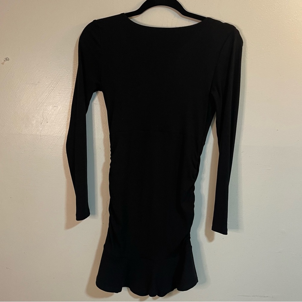 Women's Surplice Long Sleeve Ruched Bodycon Party Cocktail Flounce Dress Black M